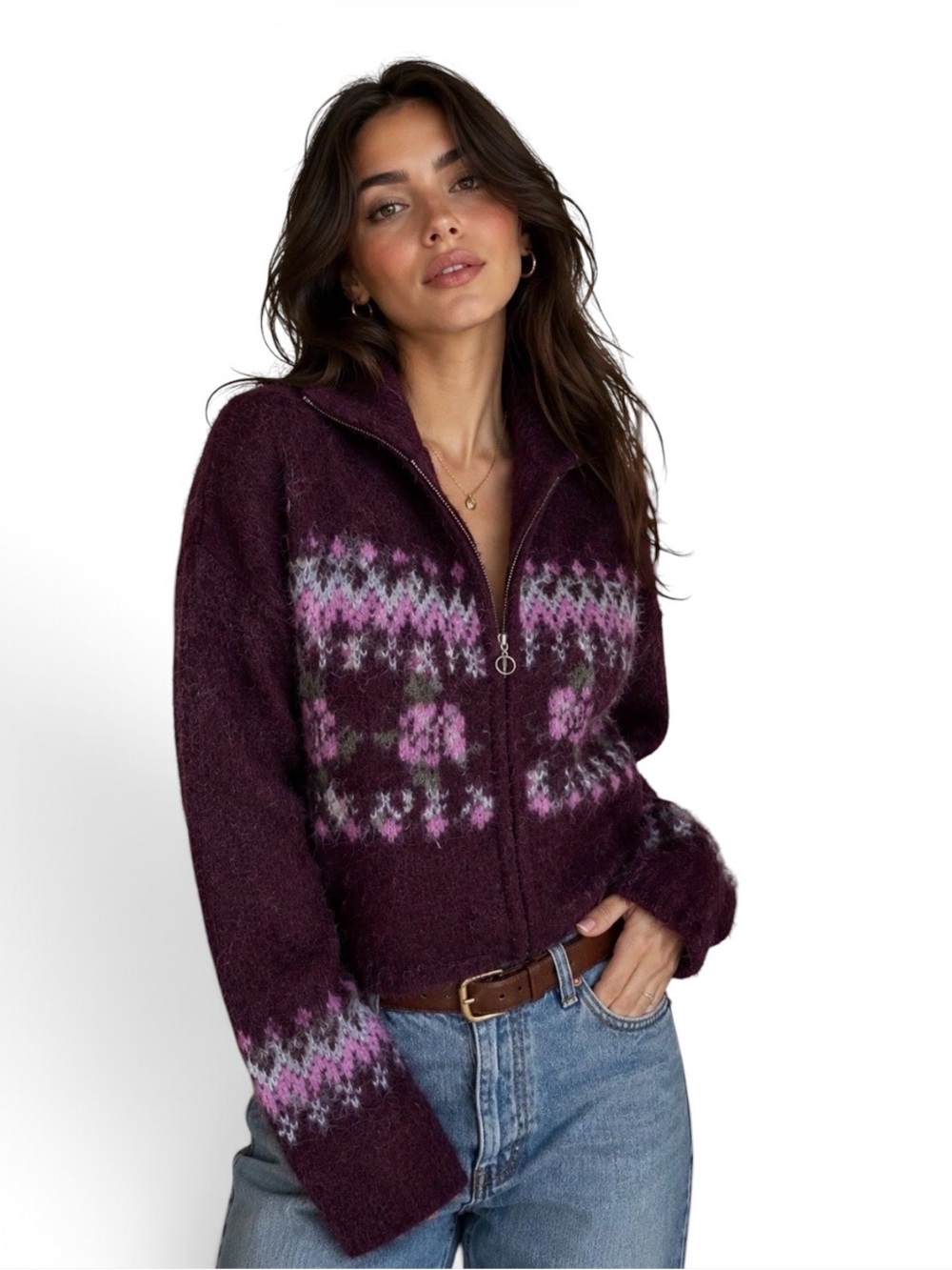 A571 Wild fable Plum Zip-Up Mohair Cardigan with Pink Fair Isle Floral NWT XXS
